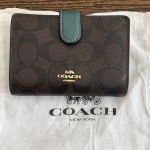 Coach Dark Brown PVC and Teal Medium Corner Zip Snap Wallet
